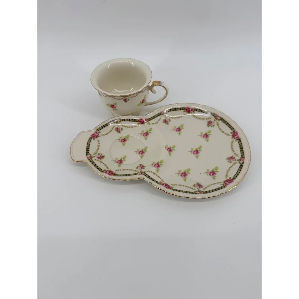 Gracie China Petite Fleur Snack Set Cup and Plate Pink Rose Gold Trim Porcelain